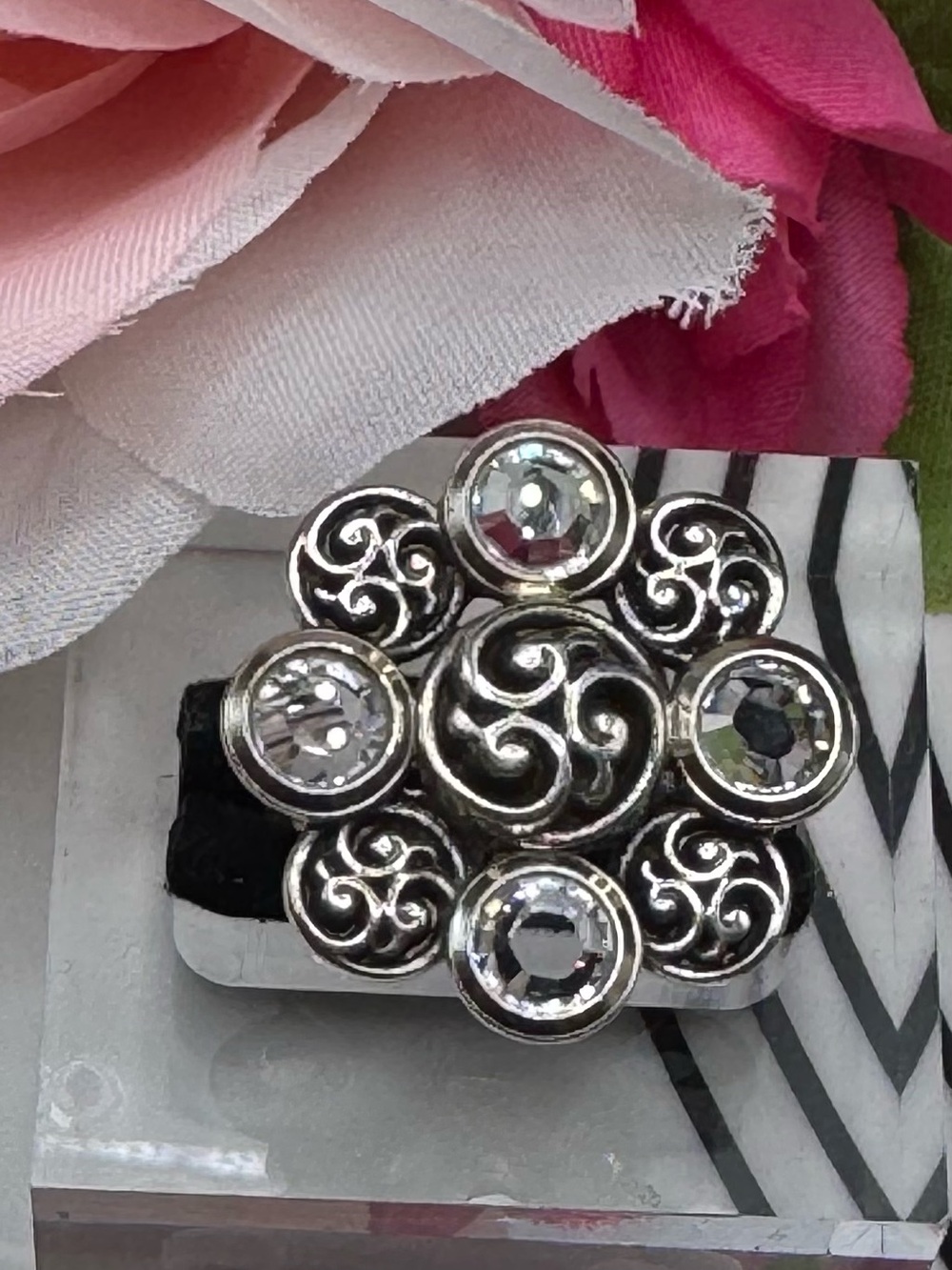 Brighton Silver-Tone Floral Crystal Statement Ring